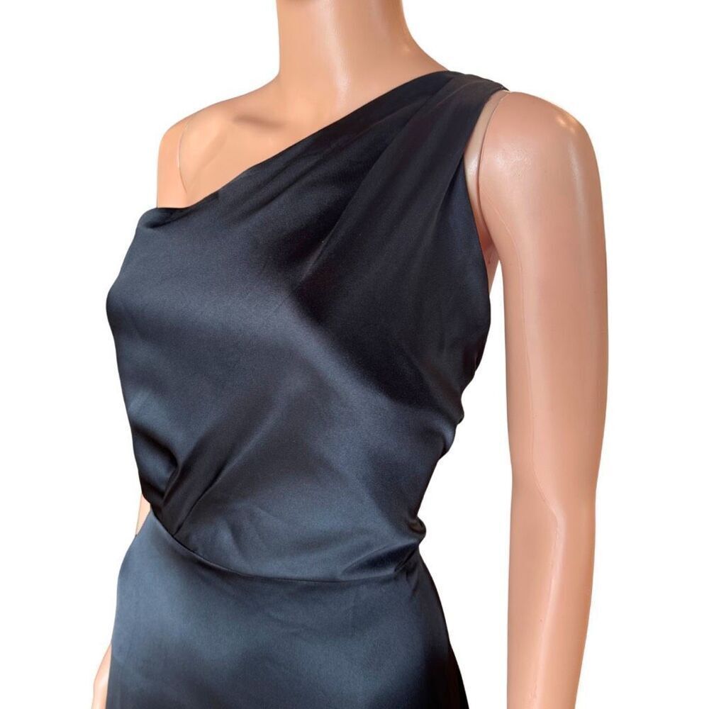 Rachel Parcell One Shoulder Satin Dress 12 Black Midi Formal Wedding Guest NWT - Picture 4 of 6